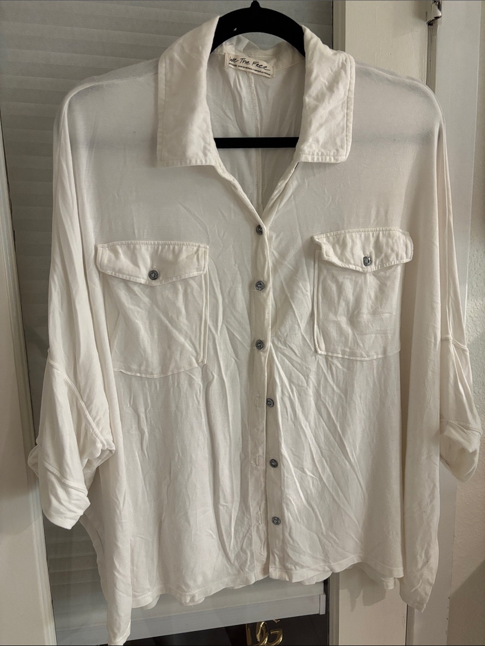 Free People Cream Oversized Button-Front Utility Shirt